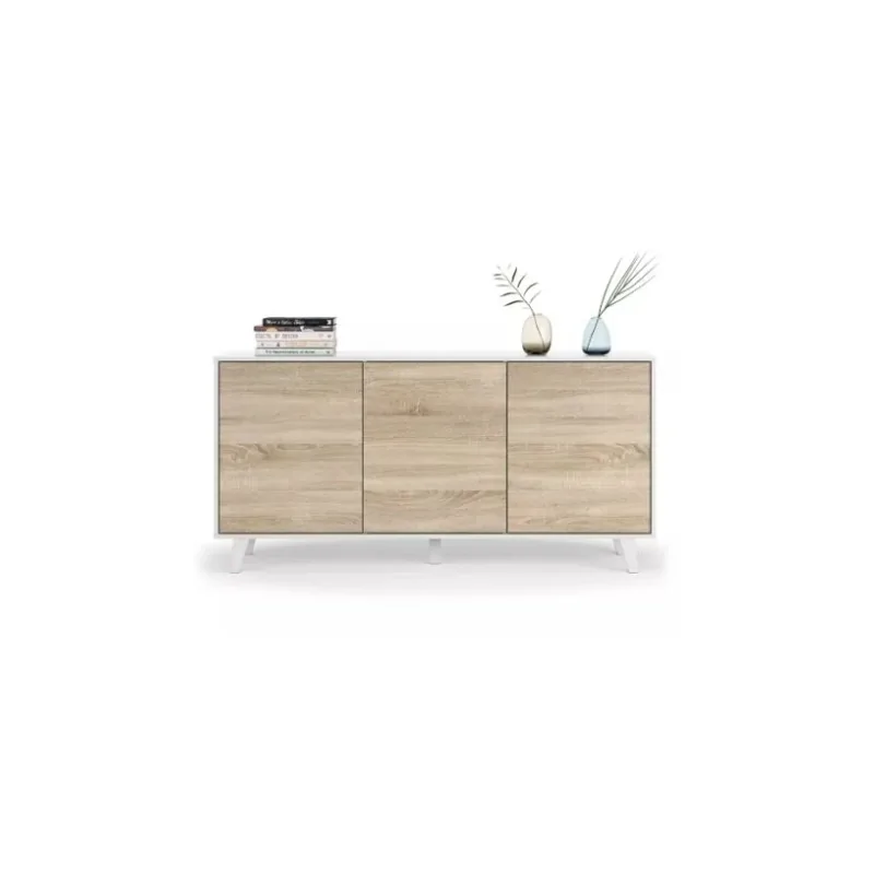 Buffet acrolorum  moderne avec 3 portes et étagères, L*H*P : 150/75/45 cm, blanc et chêne