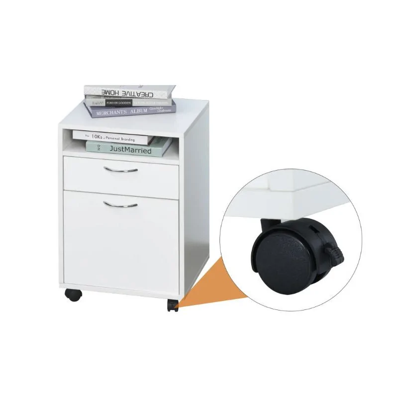 Bloc de rangement L*H*P: 40/60/40 avec tiroir, étagère ouverte, poignées en métal, 4 roulettes, blanc, avec clé à coté